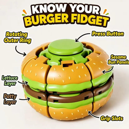 Hamburger Fidget Spinner Toy, Press & Spin Sensory Toy for Stress Relief, Quiet Desk Fidget, Pocket Toy Gift for Kids & Adults