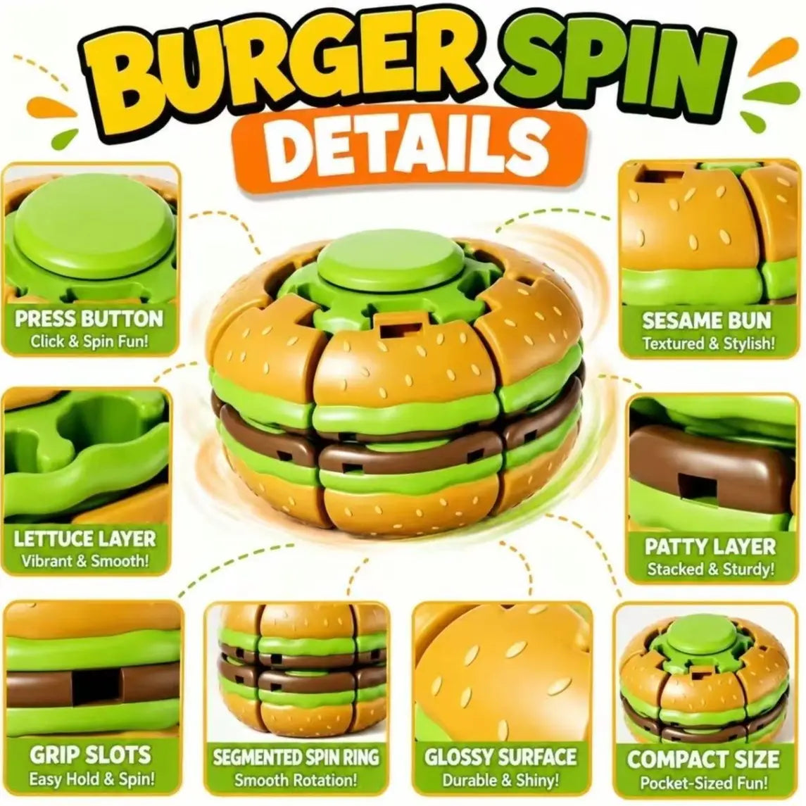 Hamburger Fidget Spinner Toy, Press & Spin Sensory Toy for Stress Relief, Quiet Desk Fidget, Pocket Toy Gift for Kids & Adults