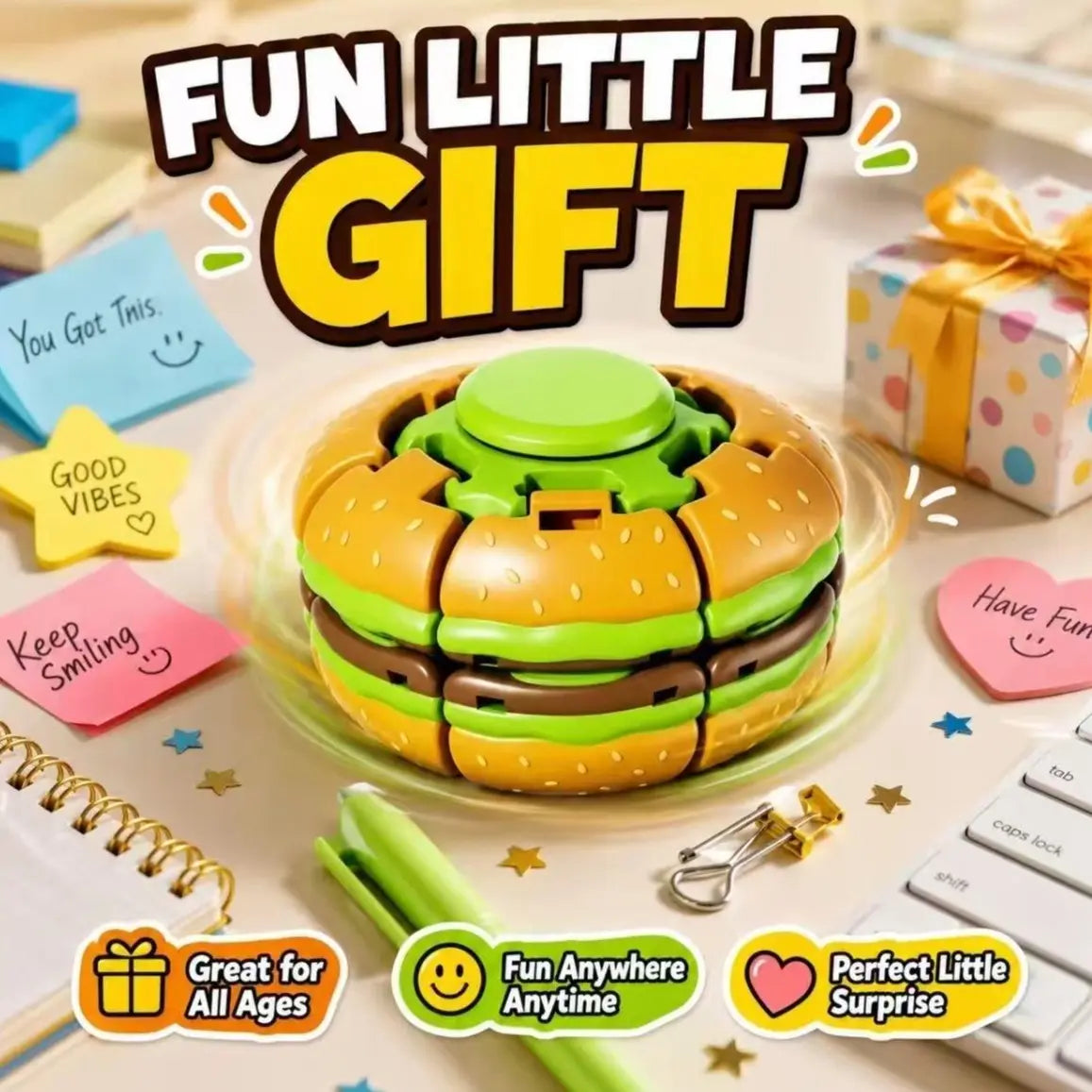 Hamburger Fidget Spinner Toy, Press & Spin Sensory Toy for Stress Relief, Quiet Desk Fidget, Pocket Toy Gift for Kids & Adults
